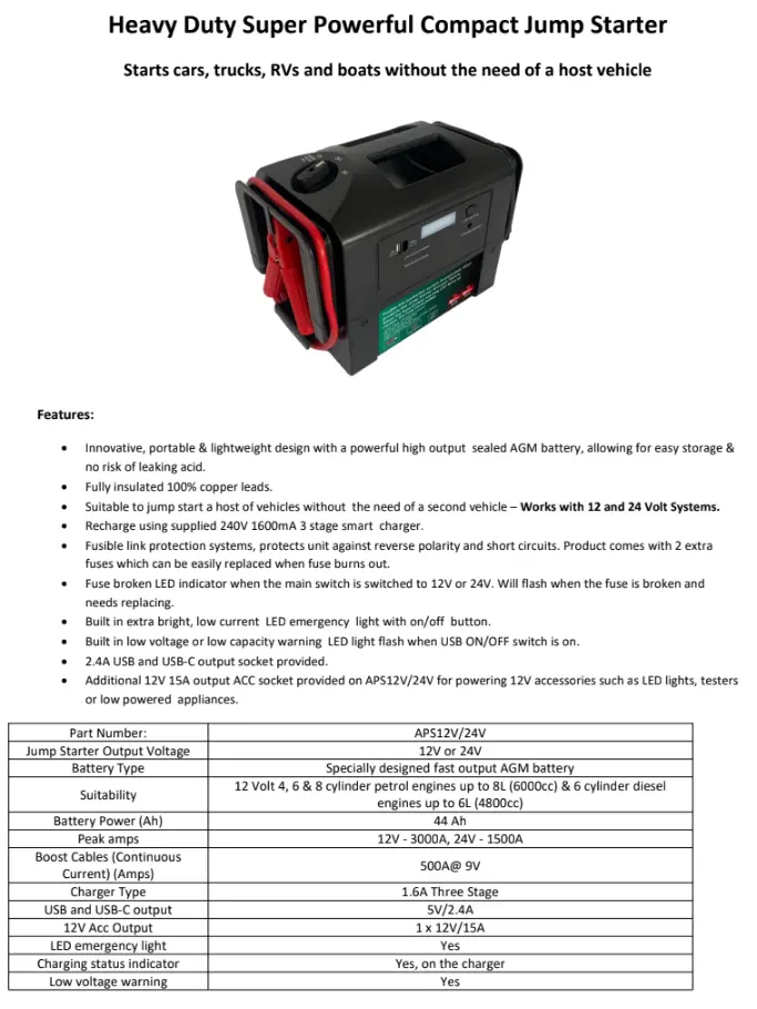 12V / 24V Jump Starter 3000A Heavy Duty Powerful Compact For Commercial Trucks Aps12/24 2