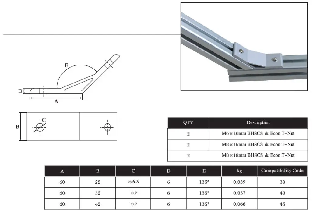 135 Degree Extrusion Brackets 2 Bolts  4545 2