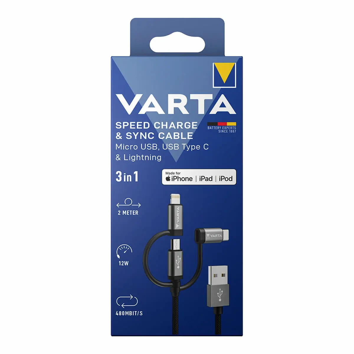 Cabo Usb Varta 2 M Preto 3 Em 1 Usb-C Micro Usb Lightning 2
