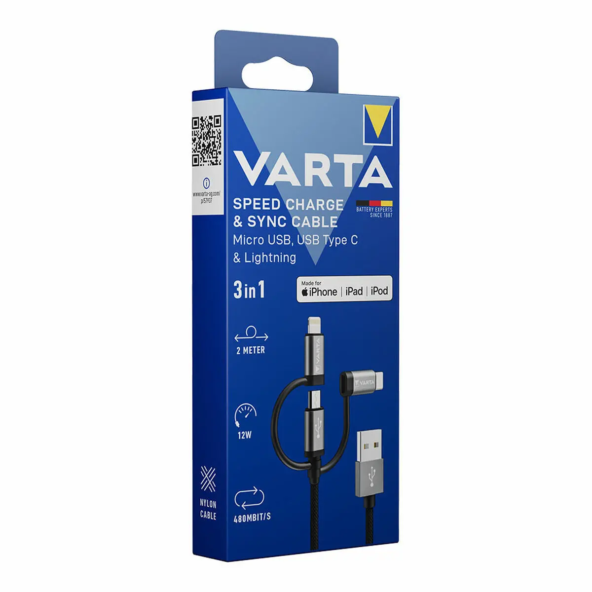 Cabo Usb Varta 2 M Preto 3 Em 1 Usb-C Micro Usb Lightning 1