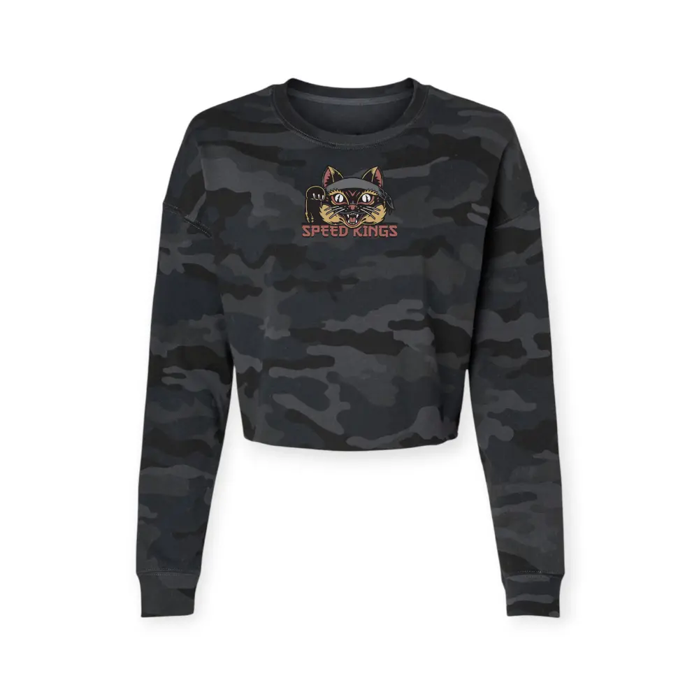 Women’S Lucky Cat Crop Top Crew Neck In Black Camo 1