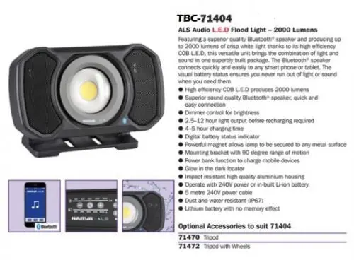 Narva 71404 Rechargeable L.E.D Audio Light 2000 Lumens 1