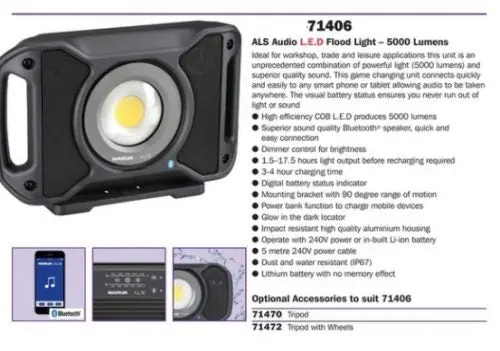 Narva 71406 Rechargeable L.E.D Audio Light 5000 Lumens 1