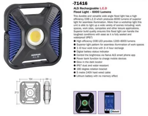 Narva 71416 Led Als Rechargeable L.E.D Flood Light – 6,000 Lumens 1