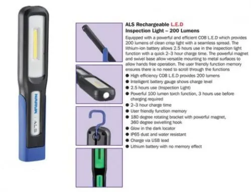 Narva 71460 Led Rechargeable L.E.D Inspection Light ‘ 200 Lumens 1