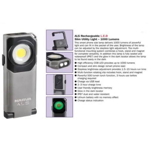 Narva 71450 Led Rechargeable Utility Light Slim 1000 Lumens 1