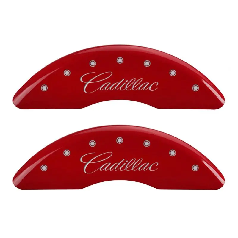 Mgp Engraved 4-Piston Caliper Covers – Front & Rear, Cadillac Red Finish With Silver Accent 1
