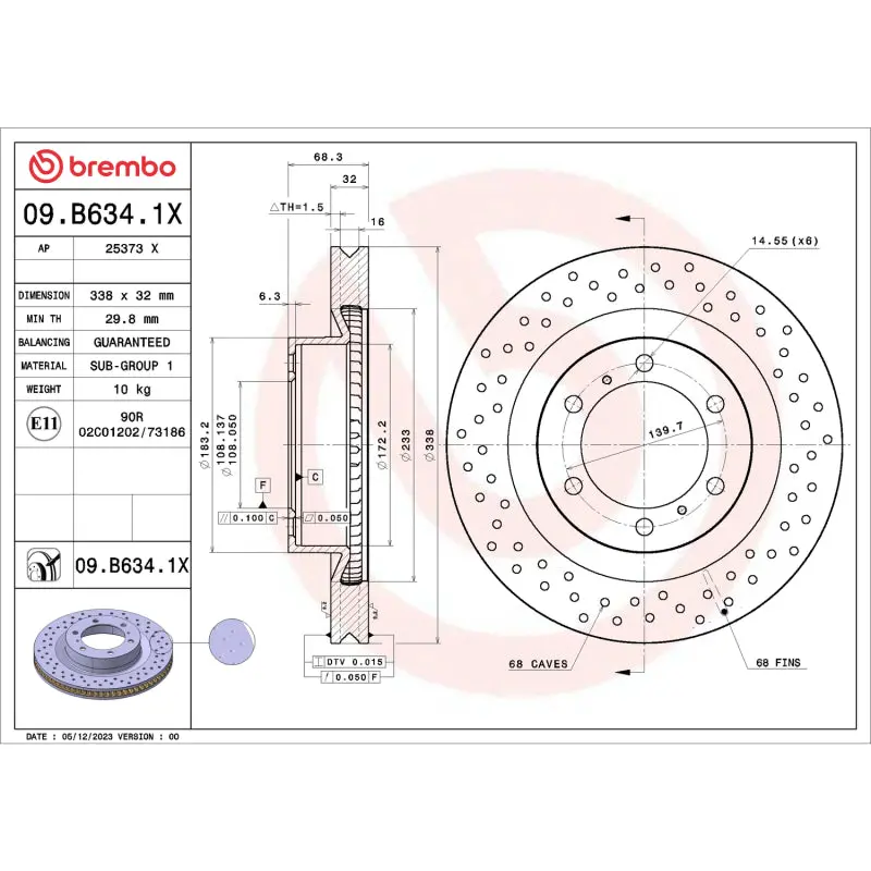 Brembo 10-20 Lexus Gx460 / 10-20 Toyota 4Runner Drilled Xtra Brake Disc - Front 1